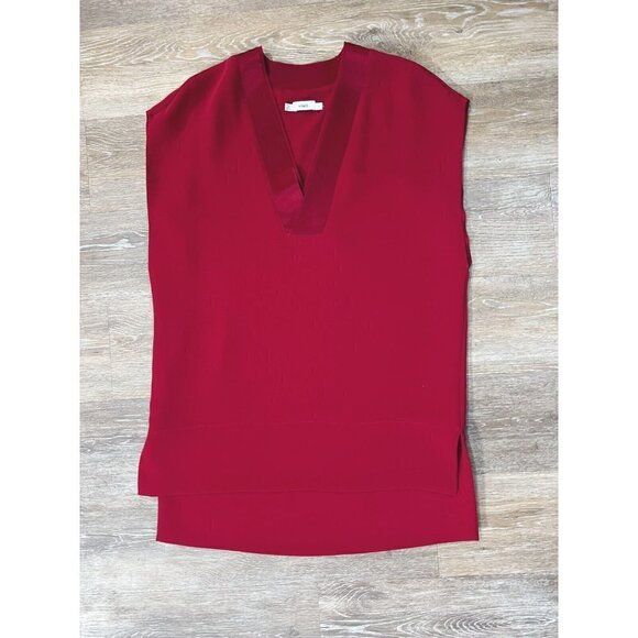 Vince Sz XS Red Satin V Neck Tunic Top Blouse High Low Hem Sleeveless - Picture 3 of 10